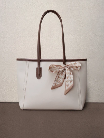 Hatastic 时尚纯色围巾装饰 PU 皮革手提包，复古简约休闲单肩包，大容量通勤手提包适合女性