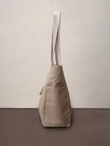 Hatastic Fashionable Versatile Solid Color New Tote Bag, Casual Minimalist Textured Contrast Color Shoulder Bag Back To School - Khaki - View 5