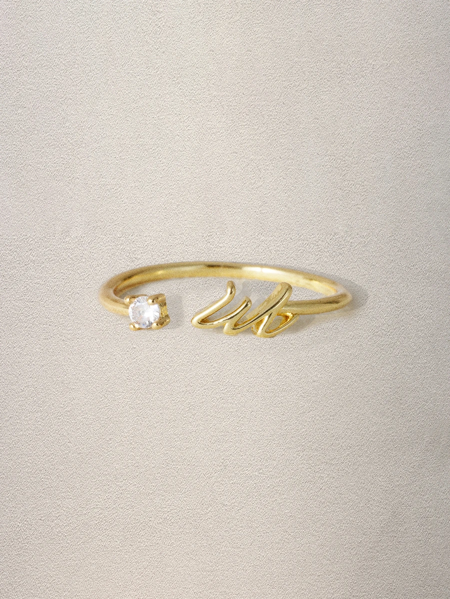 Hatastic 1Pc Minimalist Initial Open Ring Cubic Zirconia Alphabet Letter Rings Fashionable Jewelry Accessories(No Gift Box) - Yellow Gold - View 1