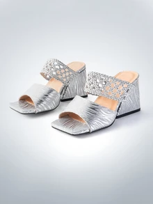 Silver Women's High Heel Sandals, Fashionable Sexy Open Toe Woven Strap Chunky Heel Mule - Silver - View 1