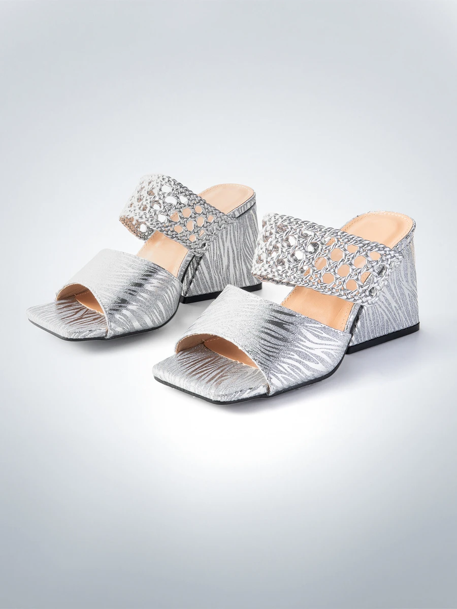 Silver Women's High Heel Sandals, Fashionable Sexy Open Toe Woven Strap Chunky Heel Mule - Silver - View 1