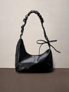 Hatastic 1pc Solid Color Elegant Pleated Wave Design Cross-Body Bag Suitable For Ladies' Daily Use, Dating And As A Gift, Japanese Bag, Street & Japanese Bag For Women , Y2k - Black - View 1