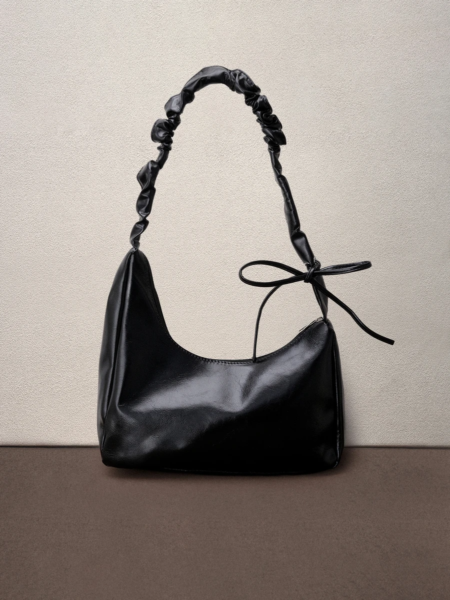 Hatastic 1pc Solid Color Elegant Pleated Wave Design Cross-Body Bag Suitable For Ladies' Daily Use, Dating And As A Gift, Japanese Bag, Street & Japanese Bag For Women , Y2k - Black - View 1