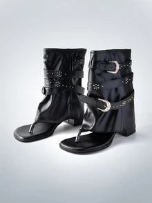 Rollcall Sandal Wanita Gaya Romawi dengan Ujung Terbuka, Sepatu Bot Ankle Hak Tebal dengan Tali Gesper, Sandal Gladiator Hitam Gaya Punk Rock untuk Musim Panas, Sandal Jepit - Hitam - View 2