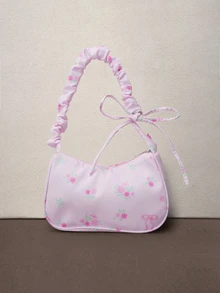 Hatastic 1件粉色尼龍花卉印花拉鍊休閒單肩包，適合女性日常使用，萬聖節適用 - 粉色 - 查看 1