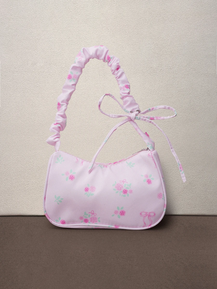 Hatastic 1件粉色尼龍花卉印花拉鍊休閒單肩包，適合女性日常使用，萬聖節適用 - 粉色 - 查看 1