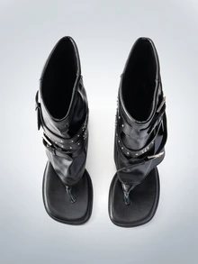 Rollcall Sandal Wanita Gaya Romawi dengan Ujung Terbuka, Sepatu Bot Ankle Hak Tebal dengan Tali Gesper, Sandal Gladiator Hitam Gaya Punk Rock untuk Musim Panas, Sandal Jepit - Hitam - View 3