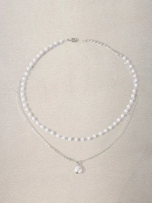 1pc Elegant & Unique Double Layer Faux Pearl Pendant Necklace For Women, Simple Style Ins Fashion - Silver - View 1