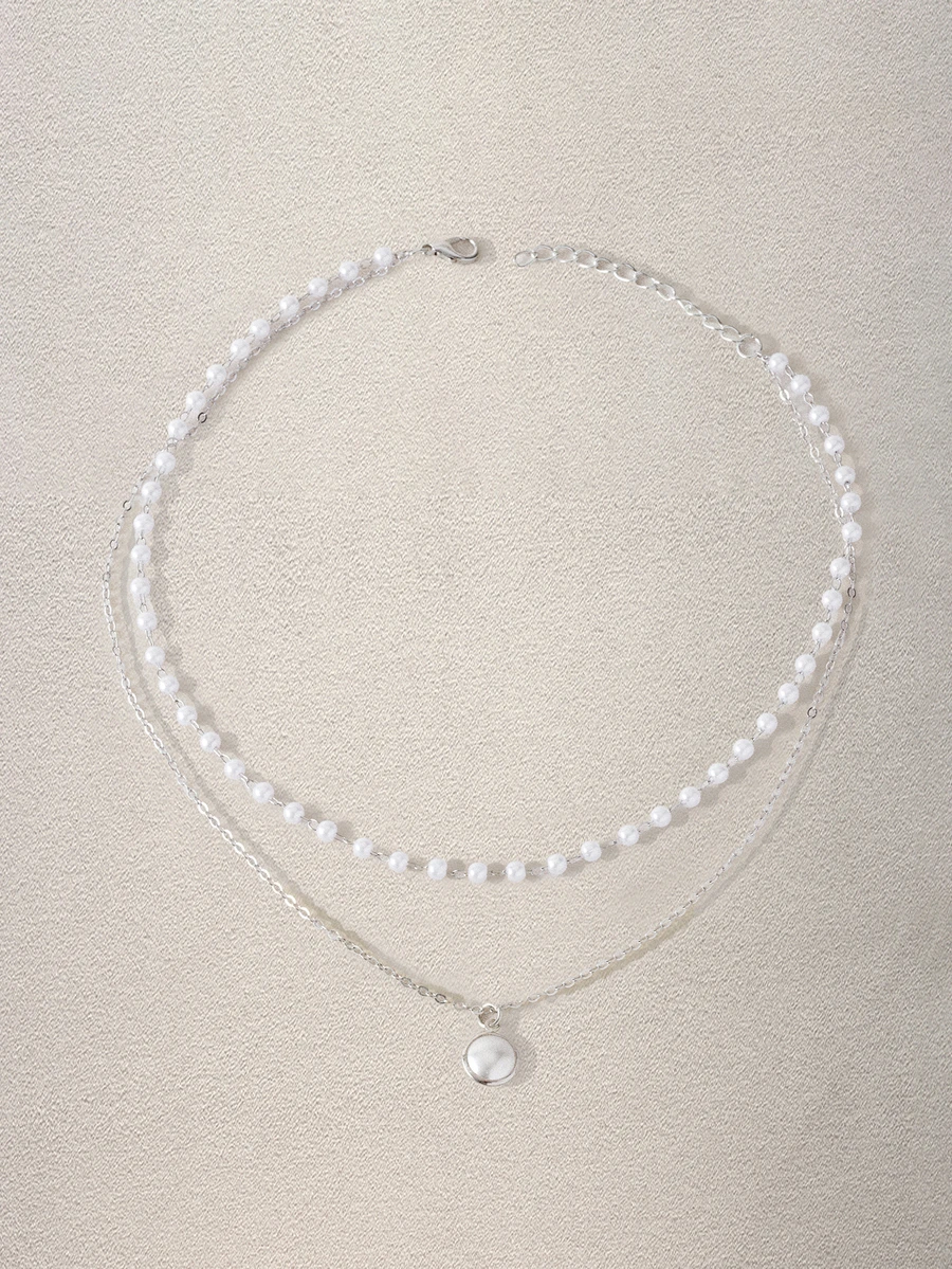 1pc Elegant & Unique Double Layer Faux Pearl Pendant Necklace For Women, Simple Style Ins Fashion - Silver - View 1