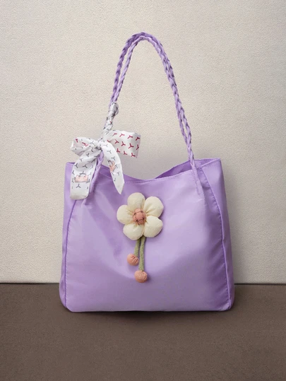 Hatastic Fashionable Solid Color Cute Floral Decor Woven Shoulder Bag With Scarf, Suitable For Shopping, Wallet Carrying, Casual Outings, Suitable For Young Women, College Students, Newlyweds, White-Collar Etc. Also Very Suitable For Office, University, Work, Business, Commuting, Outdoor, Travel And Hiking Occasions. , Cute , Purple , Kawaii