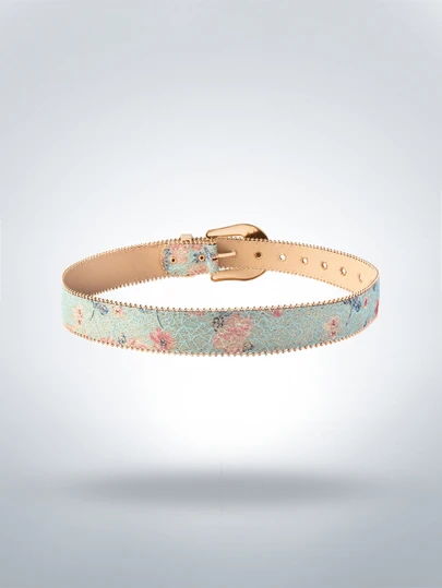 Rollcall 1条女士复古奢华雕花牛头星形金属扣浅绿色花卉印花串珠PU皮革腰带