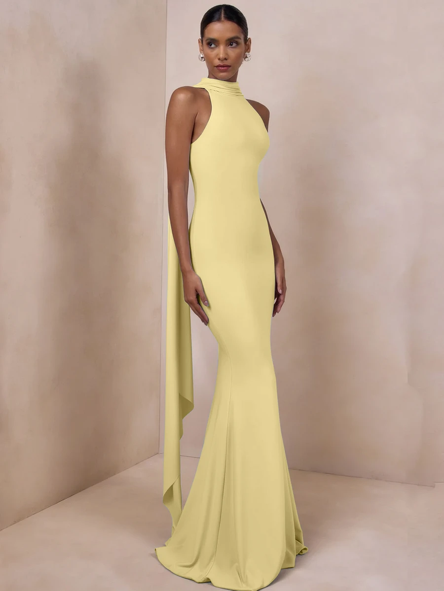 Vestido de noche de cola de sirena sin mangas extra largo de color amarillo, vestido de verano para festival y fiesta, no se recomienda para personas con una altura inferior a 170 cm - Amarillo - Ver 1