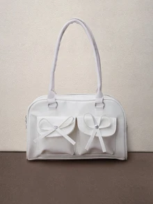 Hatastic 1pc Minimalist Retro Zipper Tote Bag, Decorated With Pockets, Dual Handles, Suitable For Women's Casual And Commuting Daily Use - White - View 1