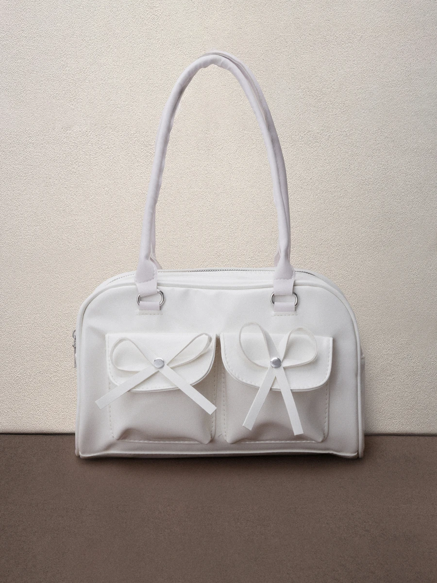 Hatastic 1pc Minimalist Retro Zipper Tote Bag, Decorated With Pockets, Dual Handles, Suitable For Women's Casual And Commuting Daily Use - White - View 1