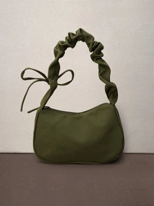 Hatastic 1 chiếc túi đeo vai bằng vải nylon màu xanh lá cây, khóa kéo trơn, trang trí nơ, thiết kế dây rút, thời trang, đa năng, màu trơn, tối giản, độc đáo, phù hợp cho nữ sử dụng hàng ngày. - màu xanh lá - Xem 2
