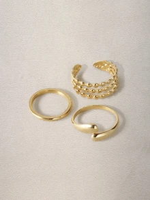 Hatastic 3pcs/Set Gold-Tone Stainless Steel Adjustable Water Drop Ring - Yellow Gold - View 4