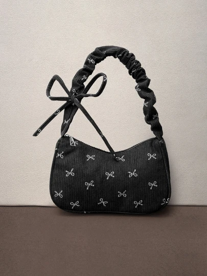 Hatastic 1pc Black Corduroy Fabric Smooth Zipper Bow Print Drawstring Strap Design Fashion Versatile Casual Solid Color Minimalist New Autumn/Winter Unique Shoulder Bag, Suitable For Women's Daily Use