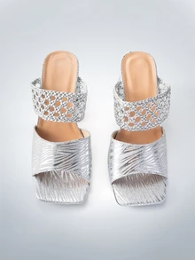 Silver Women's High Heel Sandals, Fashionable Sexy Open Toe Woven Strap Chunky Heel Mule - Silver - View 2