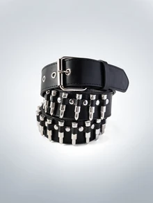 1 件男女通用子弹形朋克摇滚 Y2K 风格带扣 PU 皮革腰带夏季、学校 - 銀色 - 查看 4