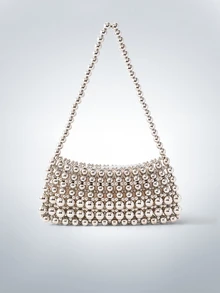Rollcall Pearl Embellished Oversized Tote Bag, Shoulder Underarm Bag, Elegant Pearl Bag, Pearl Bag - Silver - View 2