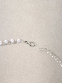1pc Elegant & Unique Double Layer Faux Pearl Pendant Necklace For Women, Simple Style Ins Fashion - Silver - View 5