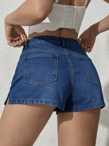 Women's Short Denim Mini Skirt With Sexy Slit Design, Made Of Non-Stretch Fabric Casual - Blue - View 6