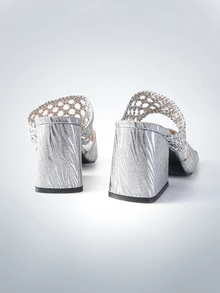 Silver Women's High Heel Sandals, Fashionable Sexy Open Toe Woven Strap Chunky Heel Mule - Silver - View 4