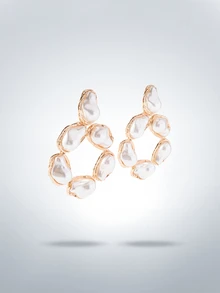 Rollcall 1 Pair Unique Vintage Asymmetrical Baroque Faux Pearl Hoop Earrings, Luxury Metal Edged Earrings For Women, Suitable For Party, Date, Evening Gala, Photo Shoot - Golden Yellow+White - View 2