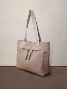Hatastic Fashionable Versatile Solid Color New Tote Bag, Casual Minimalist Textured Contrast Color Shoulder Bag Back To School - Khaki - View 4