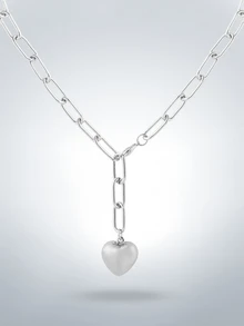 Rollcall 1pc Pendant Necklace, Smooth Heart Shaped Pendant Y-Necklace, Unisex Hip Hop Style (Random Quantity Of Chain Rings) - Silver - View 5