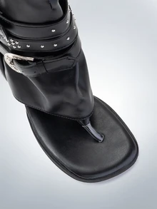Rollcall Sandal Wanita Gaya Romawi dengan Ujung Terbuka, Sepatu Bot Ankle Hak Tebal dengan Tali Gesper, Sandal Gladiator Hitam Gaya Punk Rock untuk Musim Panas, Sandal Jepit - Hitam - View 5