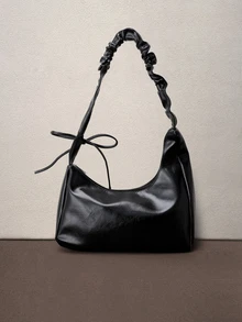Hatastic 1pc Solid Color Elegant Pleated Wave Design Cross-Body Bag Suitable For Ladies' Daily Use, Dating And As A Gift, Japanese Bag, Street & Japanese Bag For Women , Y2k - Black - View 2