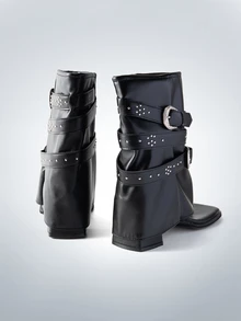 Rollcall Sandal Wanita Gaya Romawi dengan Ujung Terbuka, Sepatu Bot Ankle Hak Tebal dengan Tali Gesper, Sandal Gladiator Hitam Gaya Punk Rock untuk Musim Panas, Sandal Jepit - Hitam - View 4