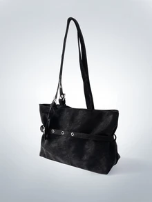 Rollcall 1pc Vintage Large Capacity Tote Bag, Commuter Oversized Underarm Bag, Fashion Motorcycle Bag, PU Solid Color Oiled Wax Leather, Strap Decor, Zipper Closure, Women's Shoulder Bag For Work/School/Travel/Shopping/Business, Suitable For Daily Use - Black - View 4