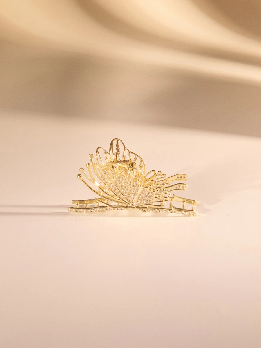 Etoivie 1pc Women's Metal Rhinestone Butterfly Claw Clip, Fashionable Hair Accessories For Updo Hairstyles Party Tiaras Hair Clips Hair Jaw Clip Hair Clamps Hair Clutch Hair Clip, School Stuff, College Fall Winter For Vacation Outfits Woman Summer Beach - Gold - View 1