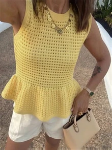 Women's Minimalist Elegant Knit Top, Casual Chic Style, Spring/Summer - Light Yellow - View 5
