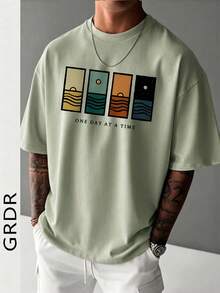 GRDR 男士夏季极简主义治愈系插画印花舒适百搭休闲T恤 - 薄荷綠 - 查看 2