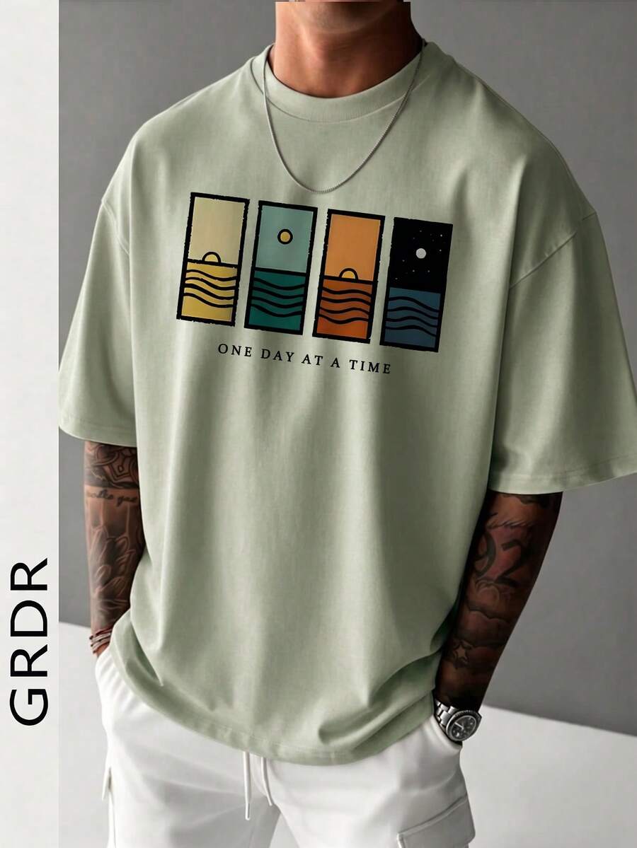 GRDR Men's Summer Minimalist Healing Illustration Print Comfortable Versatile Casual T-Shirt - Mint Green - View 1
