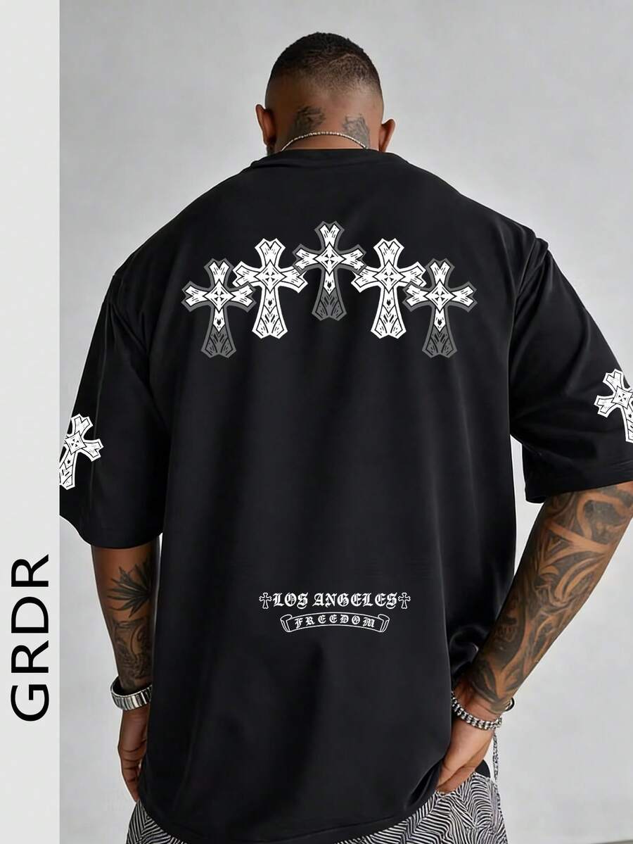 GRDR Men's Summer Cross Print Basic Casual Crew Neck Short Sleeve T-Shirt, Comfortable & Fashionable - Black - View 1