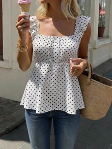 Women's Polka Dot Frill Trim Shoulder Strap Square Neck Cinched Waist Blouse, New Summer Design - Black and White - View 1