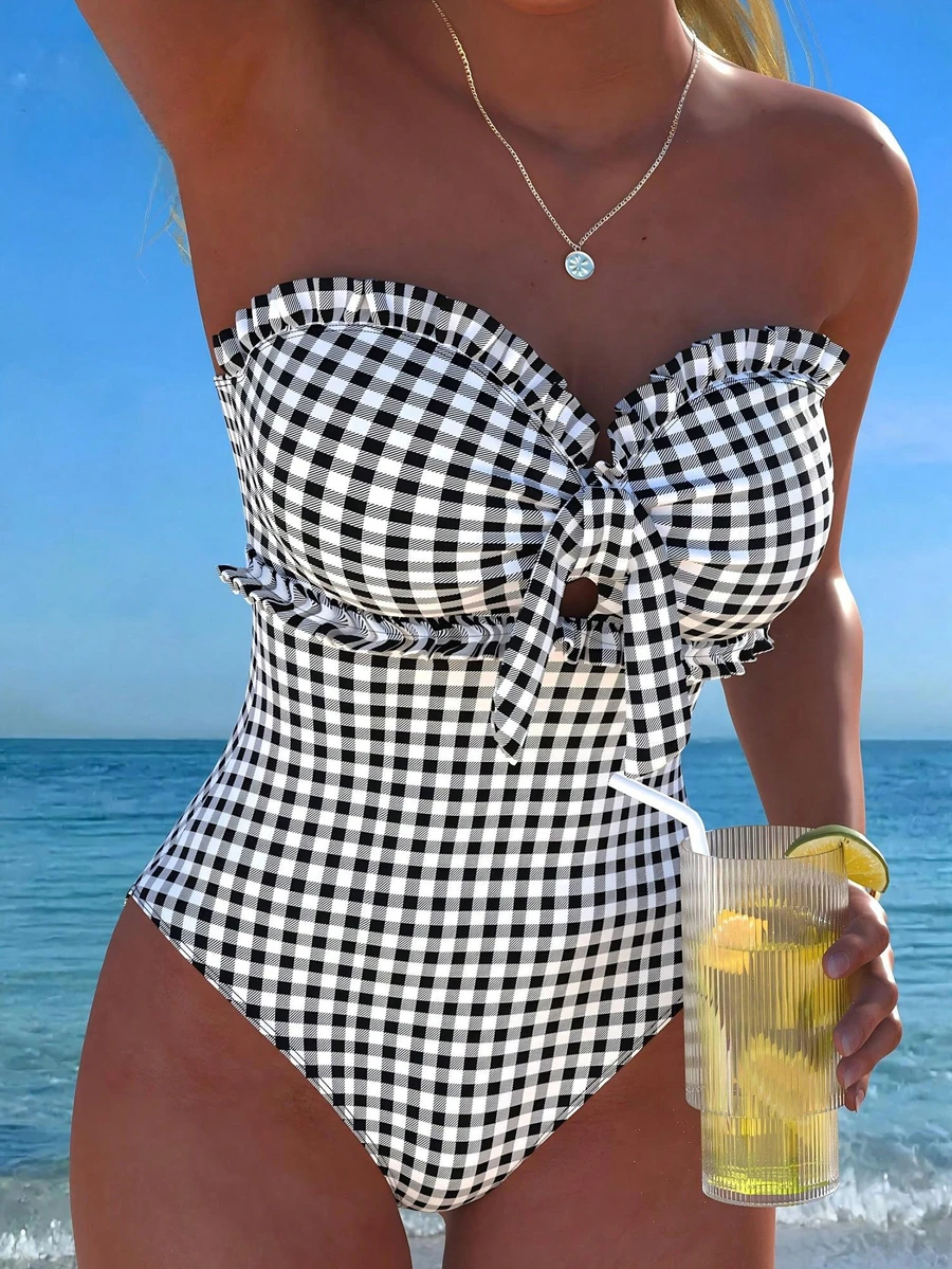 Nuevo traje de baño de una pieza elegante y sexy con rayas, encaje, volantes, lazo en el busto y tirantes desmontables para playa, fiesta en la piscina, vacaciones de verano - Blanco y Negro - Ver 1