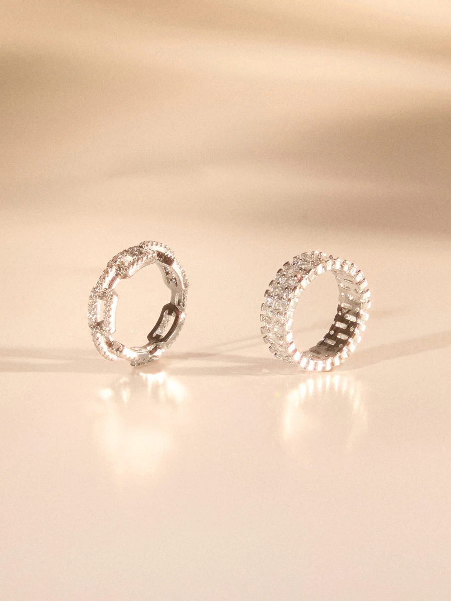 Etoivie 2pcs/Set Simple Silver Tone Cubic Zirconia Decorated Women's Rings - Silver - View 1