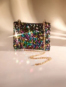 Fashion Glitter Sequin Rectangle Shoulder Bag, Zipper Closure, Adjustable Strap, Personalized & Versatile Small Clutch Bag - Multicolor - View 3