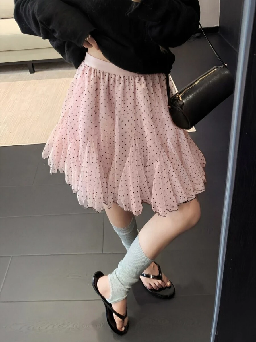 Chân váy chữ A màu hồng chấm bi xếp ly cho bé gái, chân váy voan phồng xếp ly, thích hợp cho mùa hè. - Hồng - Xem 1