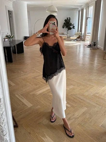 New Arrival Women's Fashion Sexy Asymmetric Lace Camisole Black Summer - Black - View 1