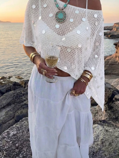 FOR BEAUTY Summer New Women's Ribbed Knit Shawl, Asymmetric Hem Shimmery Lightweight Breathable Fabric, Loose Fit Suitable For Various Figures, Beach Casual Top, Bohemian Style Summer Outfit