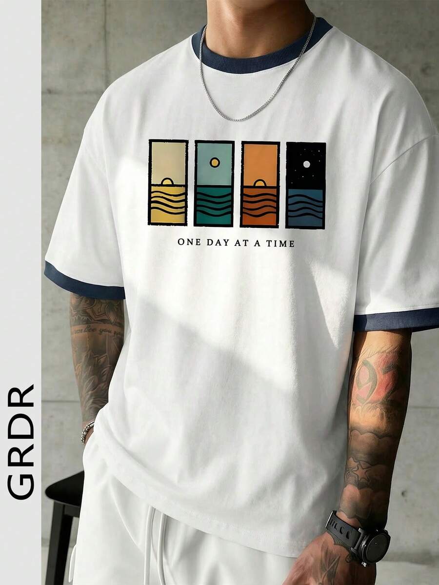 GRDR 极简字母印花T恤 - 撞色通勤风短袖,舒适透气,夏季必备 - 白色 - View 1