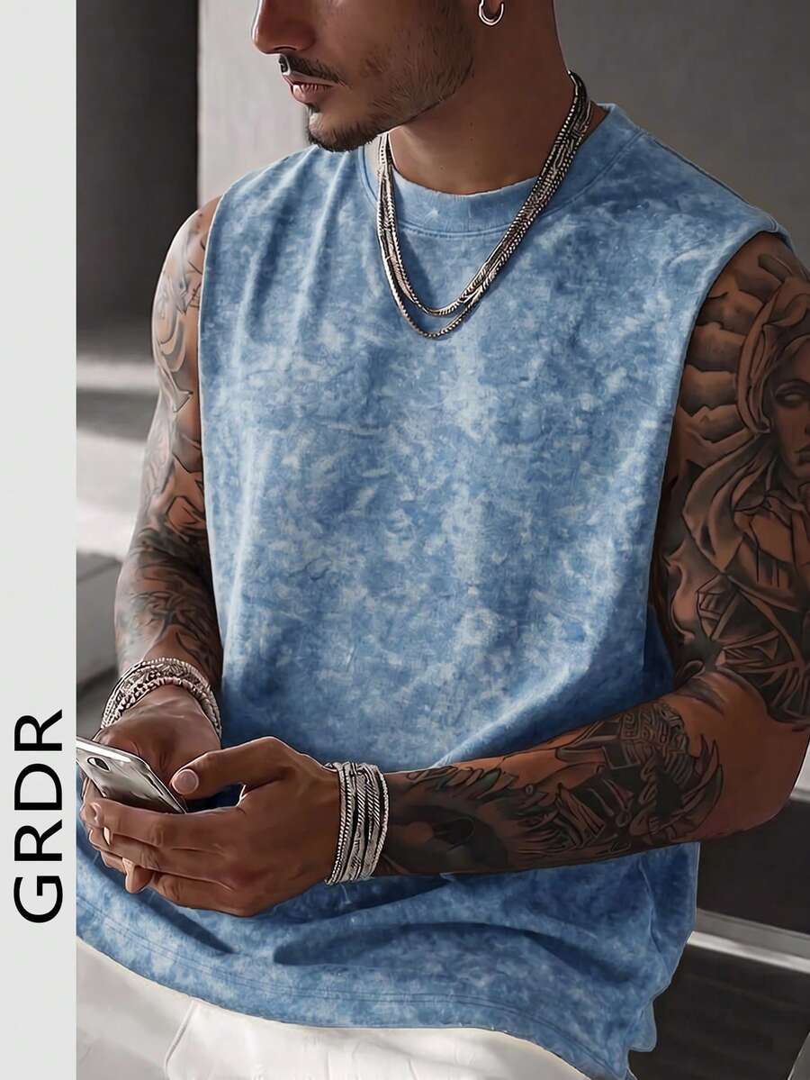 Áo tank top nam GRDR cổ tròn, màu trơn, phong cách vintage tối giản, dáng rộng, đa năng, thích hợp mặc đi đường phố. - Màu xanh bụi bặm - Xem 1