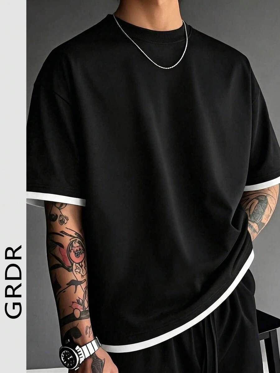 GRDR Men's Classic Faux Two Pieces Round Neck Short Sleeve T-Shirt, Casual Fashion Minimalist Commuting Versatile - Black - View 1