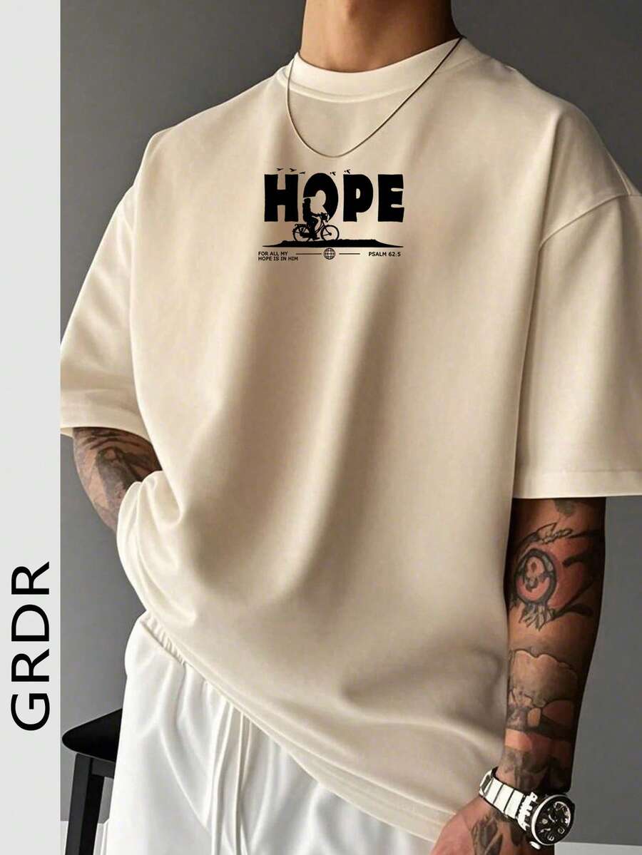 男士休闲治愈系态度标语印花圆领短袖T恤，夏季 - 杏色 - 查看 1